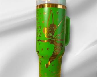 40z Green Gold Plated Tinker Bell Tumbler | Laser Engraved Tumbler | Handle, Lid and Straw Included