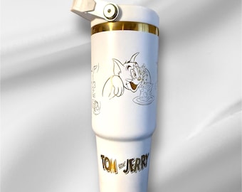 30z Tom & Jerry Tumbler |  Laser Engraved Tumbler | Handle, Lid and Straw Included