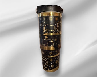 30z Gold Accent Penguins Tumbler | Laser Engraved Tumbler | Handle, Lid and Straw Included