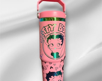 30z Rainbow Accent Betty Boop Tumbler | Laser Engraved Tumbler | Handle, Lid and Straw Included