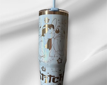 Stitch and Lilo Laser Engraved 30oz Tumbler | Pearlized Blue, Handle, Lid & Straw