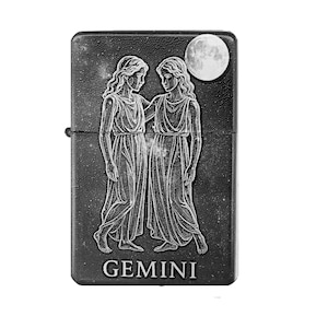 Gemini Zodiac Lighter – Gemini engraving on black lighter, customizable with desired text, astrology gift