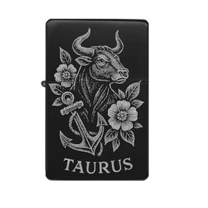 Taurus Engraved Lighter – Taurus Zodiac Sign in Tattoo Design, Gift Idea with Anchor & Flowers – Personalizable, Zodiac Sign Taurus