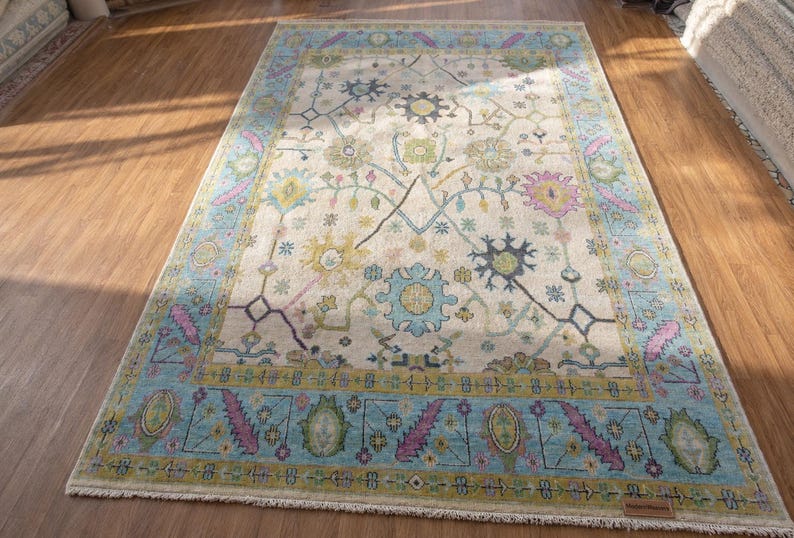Pastel Patterned Rug Hand-knotted Oushak Wool Rug | Pastel Floral Transitional Area Rug ...