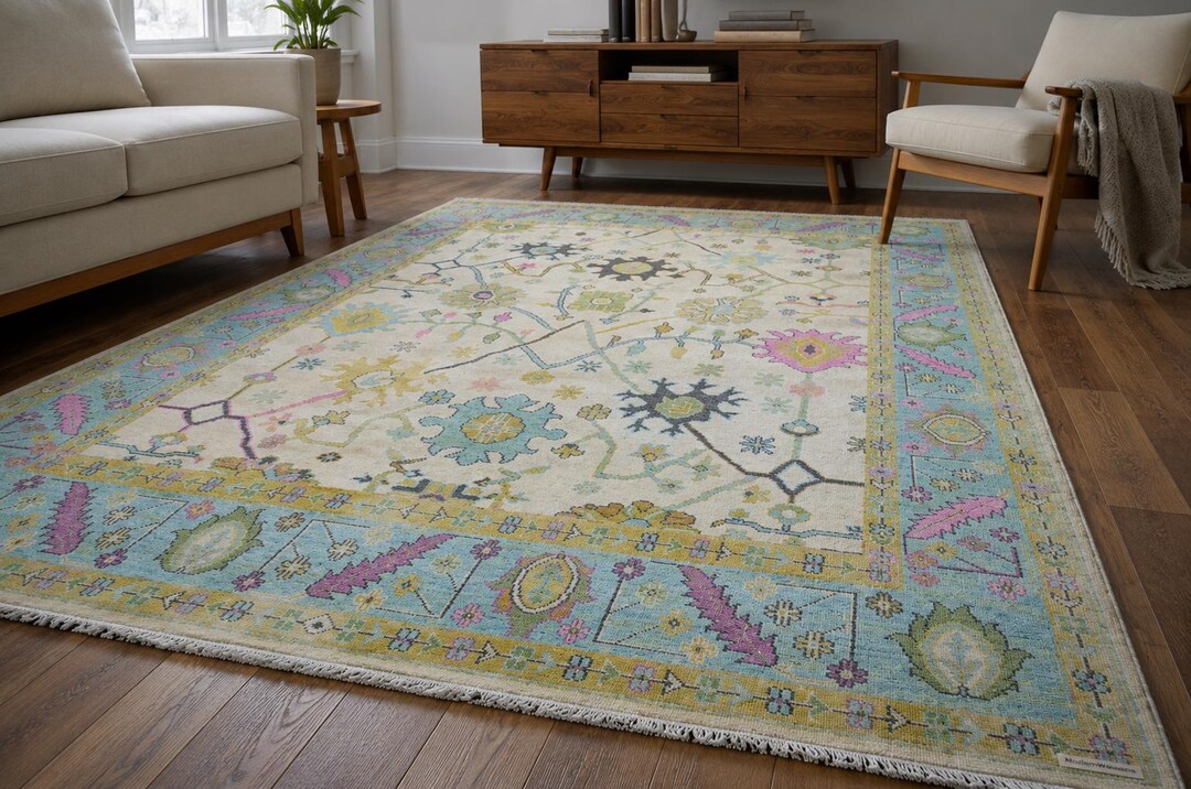 Pastel Patterned Rug Hand-knotted Oushak Wool Rug | Pastel Floral Transitional Area Rug ...