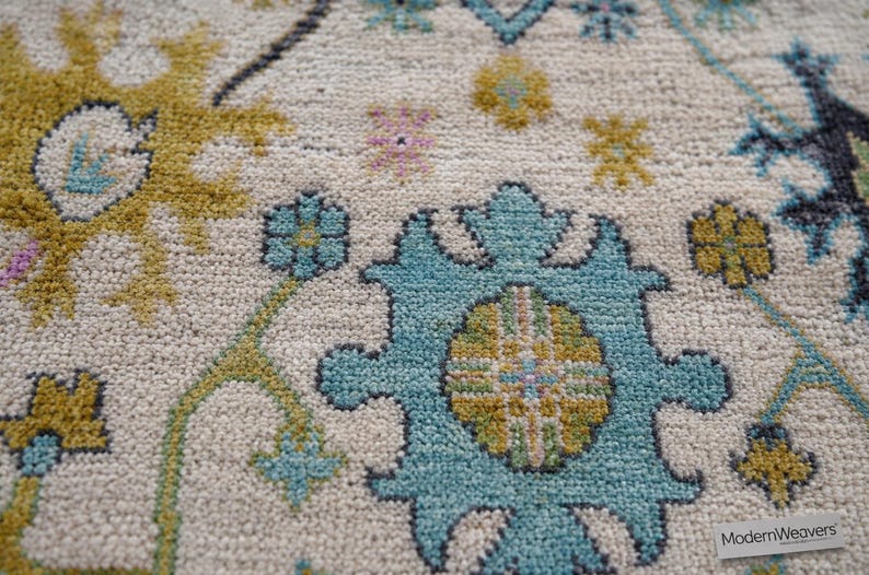 Pastel Patterned Rug Hand-knotted Oushak Wool Rug | Pastel Floral Transitional Area Rug ...