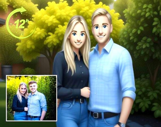 Personalized Digital Couple Caricature: Colorful Romantic Gift for Anniversaries, Weddings & Valentine's Day