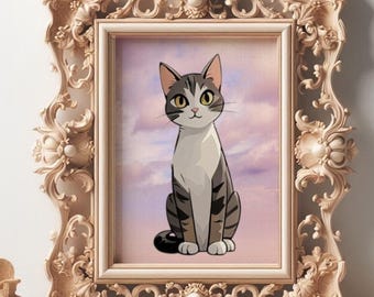 Personalized Funny Cat Portrait: Whimsical Cartoon Pet Art Poster for Modern Home Decor - Unique Gift