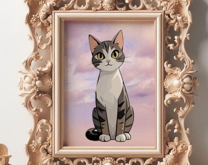 Personalized Funny Cat Portrait: Whimsical Cartoon Pet Art Poster for Modern Home Decor - Unique Gift