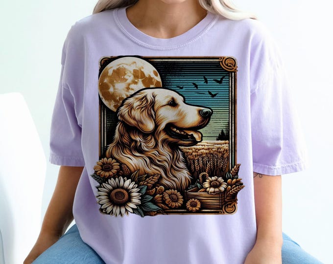 Featured listing image: Vibrant Retro Golden Retriever Tee: Colorful Mexican-Inspired Dog Lover Gift Shirt