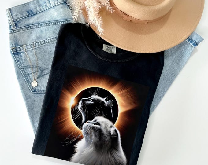 Celestial Cat Eclipse T-Shirt: Astronomy Lover's Feline Stargazing Design for Moon Enthusiasts