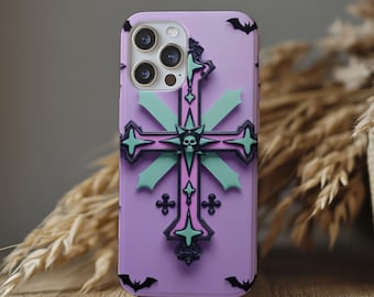 Pastel Goth Phone Case: Pink, Lavender, Mint with Crosses & Bats - Modern Halloween Style
