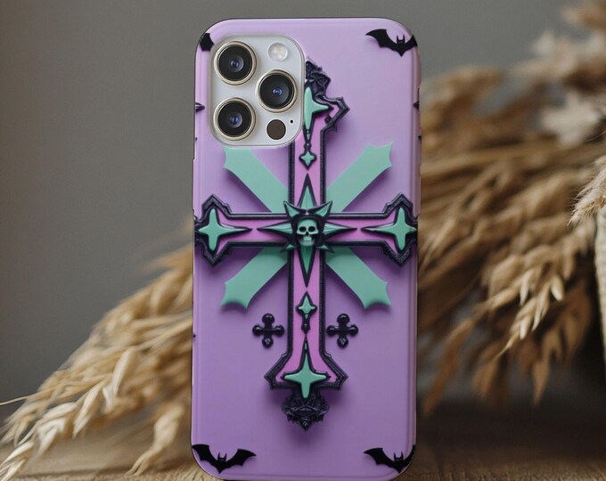 Pastel Goth Phone Case: Pink, Lavender, Mint with Crosses & Bats - Modern Halloween Style