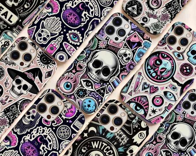 phone case de halloween con una mezcla entre lo místico, lo alternativo y lo delicadamente rebeldo al mundo gótico, coquette.
