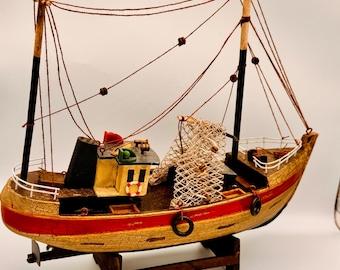 Vintage Wooden Fishing Trawler Model Nautical Decor Rustic Coastal