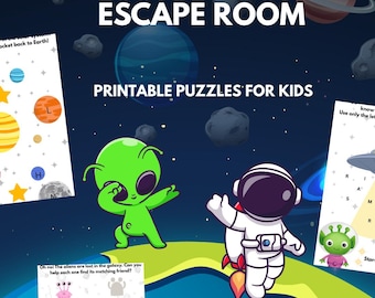 May include: A promotional image for a space-themed escape room for kids. The image features the text "SPACE EXPLORER ESCAPE ROOM" and "PRINTABLE PUZZLES FOR KIDS". Cartoon illustrations of an astronaut, an alien, planets, and puzzle sheets are also included.
