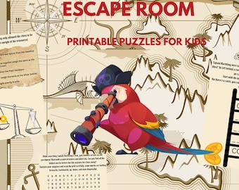 May include: A colorful illustration for a pirate-themed escape room. The image features a parrot wearing a pirate hat and looking through a telescope. Text includes "Pirate's Treasure Escape Room" and "Printable Puzzles for Kids."