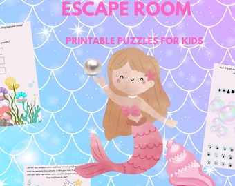 May include: A vibrant illustration for a mermaid escape room. The image shows a cartoon mermaid with a pink tail and a pearl. Text reads "MERMAID ESCAPE ROOM PRINTABLE PUZZLES FOR KIDS". Additional puzzle sheets and a pink seashell are also visible.
