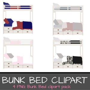 Op de afbeelding: Vier verschillende clipart-afbeeldingen van stapelbedden. Elk stapelbed is wit met laden eronder. Het bovenste bed heeft in elke afbeelding een andere beddengoed met patroon. De beddengoedpatronen zijn rood en blauw geruit, roze en wit, zwart en wit zebraprint en grijs en wit.