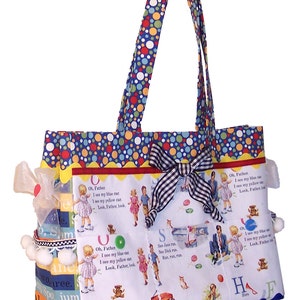 May include: A blue and white polka dot tote bag with a black and white checkered ribbon bow. The bag has multiple pockets with colorful illustrations of children and animals. The text on the pockets reads "Oh, Father, I see my blue car. I see my yellow car. Look, Father, look." and "See Jane run. See Dick run. Run, run, run."