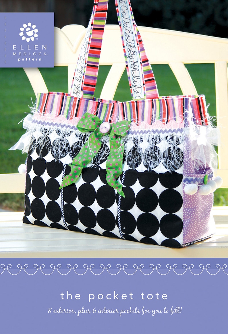 May include: A black and white polka dot tote bag with a green ribbon and a purple fabric accent. The bag has 8 exterior pockets and 6 interior pockets. The tote bag is sitting on a white bench.