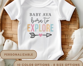 Born to Explore Personalized Baby Onesie® – Little Explorer Baby Hiker Outfit, Custom Name Newborn Bodysuit, Baby Shower Gift