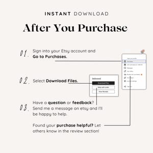 Op de afbeelding: Een diagram met drie stappen over hoe je digitale bestanden kunt downloaden nadat je iets hebt gekocht op Etsy. De stappen zijn: 1. Log in op je Etsy-account en ga naar Aankopen. 2. Selecteer Bestanden downloaden. 3. Stuur een bericht naar Etsy als je een vraag of feedback hebt. Het diagram bevat ook een screenshot van de Etsy-aankooppagina.