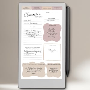 May include: A digital tablet displaying a "Character Study" template with handwritten notes. The template includes sections for name, meaning, strengths, and weaknesses. A black stylus rests on the side of the tablet. The color scheme is neutral with pink accents.