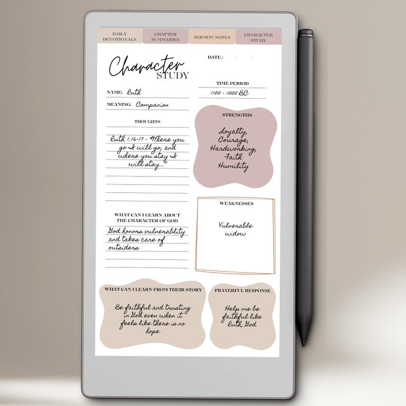 May include: A digital tablet displaying a "Character Study" template with handwritten notes. The template includes sections for name, meaning, strengths, and weaknesses. A black stylus rests on the side of the tablet. The color scheme is neutral with pink accents.
