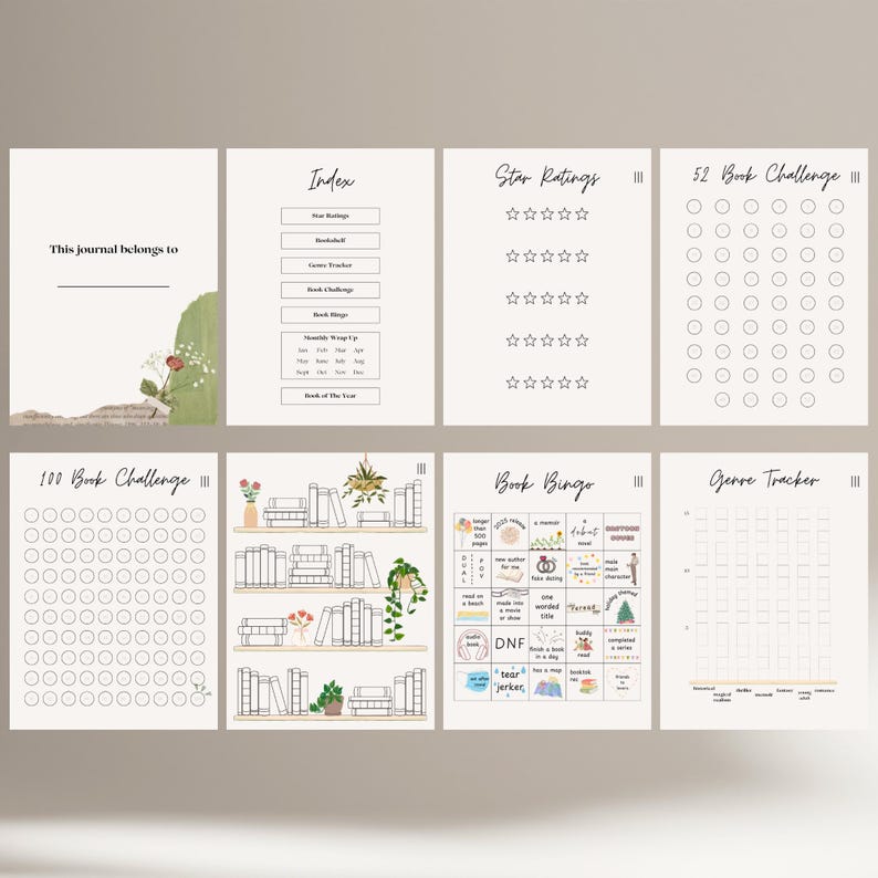 Op de afbeelding: Printbare boekjournaalpagina's met een bloemenontwerp. De pagina's bevatten secties voor een 100-boek challenge, een 52-boek challenge, sterbeoordelingen, boekbingo, genre tracker en een index.