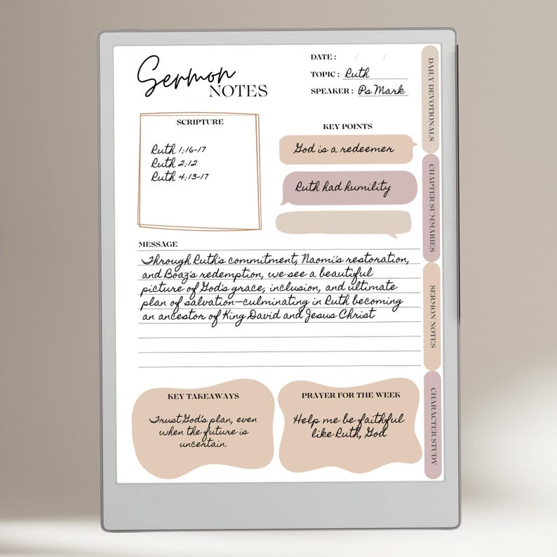 May include: Digital sermon notes on a tablet. The notes include scripture references, key points, and a message about Ruth. The text includes "God is a redeemer" and "Ruth had humility". The notes also include "Trust God's plan, even when the future is uncertain."
