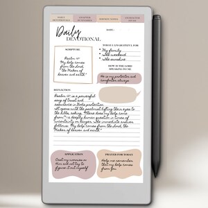 May include: A digital tablet displaying a "Daily Devotional" template with handwritten notes and text. The screen shows sections for scripture, reflection, and application, with a stylus resting on the side. The color scheme is neutral with beige and brown accents.