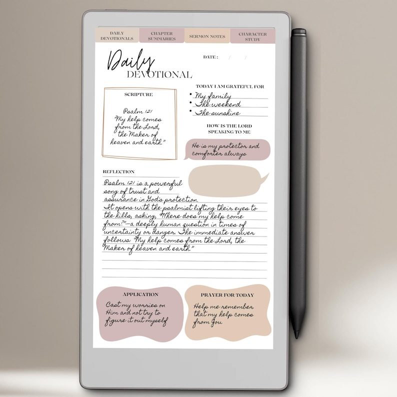 May include: A digital tablet displaying a "Daily Devotional" template with handwritten notes and text. The screen shows sections for scripture, reflection, and application, with a stylus resting on the side. The color scheme is neutral with beige and brown accents.