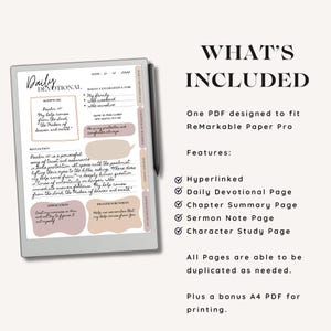 May include: A digital devotional planner on a tablet with a stylus. The screen displays text and graphics, including the words "Daily Devotional" and "Scripture." The text includes a Bible verse and reflection. The image also shows a list of features.