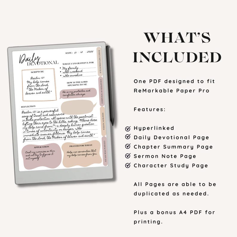 May include: A digital devotional planner on a tablet with a stylus. The screen displays text and graphics, including the words "Daily Devotional" and "Scripture." The text includes a Bible verse and reflection. The image also shows a list of features.