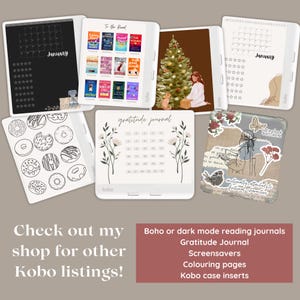 Op de afbeelding: Een verzameling digitale downloads voor de Kobo e-reader. De downloads omvatten een kalender, een dankbaarheidsdagboek, een te lezen lijst, een kleurplaat en een screensaver. De ontwerpen zijn in boho-stijl met bloemmotieven en krabbels.