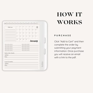 Op de afbeelding: Een zwart-witte printbare plannerpagina met een kalender voor januari, een to-dolijst en een sectie voor het bijhouden van boeken. De tekst "HOW IT WORKS" en "PURCHASE" is zichtbaar in de rechterbovenhoek van de afbeelding. De tekst onder "PURCHASE" legt uit hoe je de planner kunt kopen.