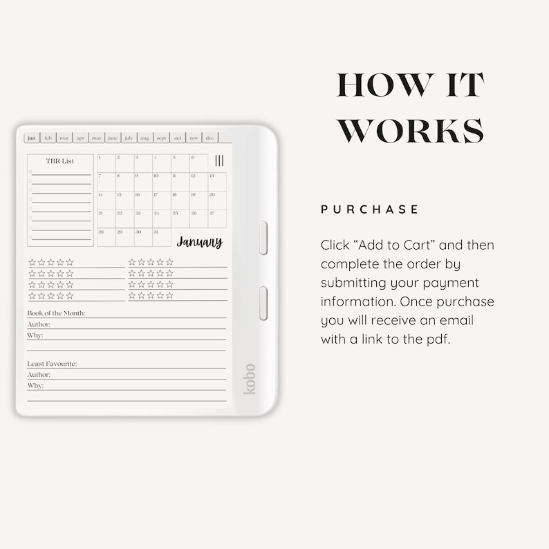 Op de afbeelding: Een zwart-witte printbare plannerpagina met een kalender voor januari, een to-dolijst en een sectie voor het bijhouden van boeken. De tekst "HOW IT WORKS" en "PURCHASE" is zichtbaar in de rechterbovenhoek van de afbeelding. De tekst onder "PURCHASE" legt uit hoe je de planner kunt kopen.