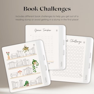 Op de afbeelding: Drie digitale leesapparaten met verschillende boekuitdagingen. Het eerste apparaat heeft een boekenkast met boeken en planten. Het tweede apparaat heeft een raster om genres bij te houden. Het derde apparaat heeft een raster met cirkels om gelezen boeken bij te houden. Alle apparaten hebben het woord "kobo" erop.