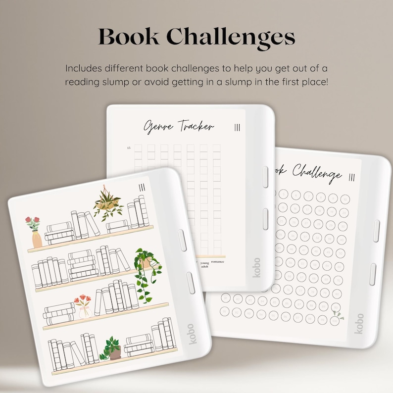 Op de afbeelding: Drie digitale leesapparaten met verschillende boekuitdagingen. Het eerste apparaat heeft een boekenkast met boeken en planten. Het tweede apparaat heeft een raster om genres bij te houden. Het derde apparaat heeft een raster met cirkels om gelezen boeken bij te houden. Alle apparaten hebben het woord "kobo" erop.
