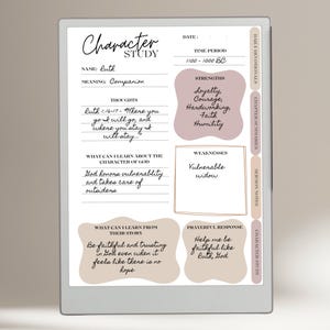 May include: A digital tablet displaying a character study of Ruth. The study includes sections for name, meaning, thoughts, strengths, weaknesses, and lessons. The color scheme is soft with beige and mauve accents.