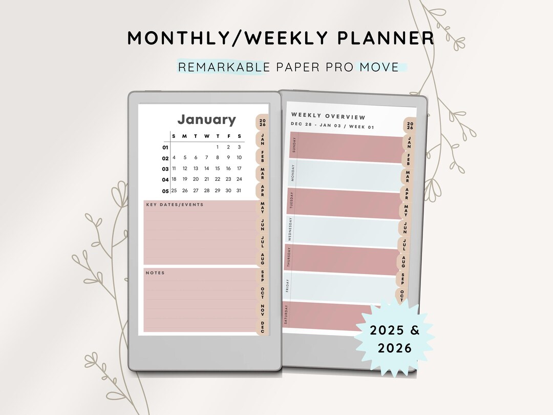 2025 & 2026 Weekly Planner Remarkable Paper Pro Move, Yearly Monthly ...