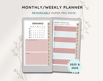 2025 & 2026 Weekly Planner reMarkable Paper Pro Move, Yearly Monthly Planner, Year Month Day, Weekly Calendar, Daily To Do Schedule Notebook