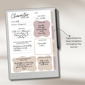 May include: Digital journal with the title "Character Study" featuring handwritten notes about Ruth, including her strengths, weaknesses, and a prayerful response. The journal has tabs for easy navigation and a stylus.