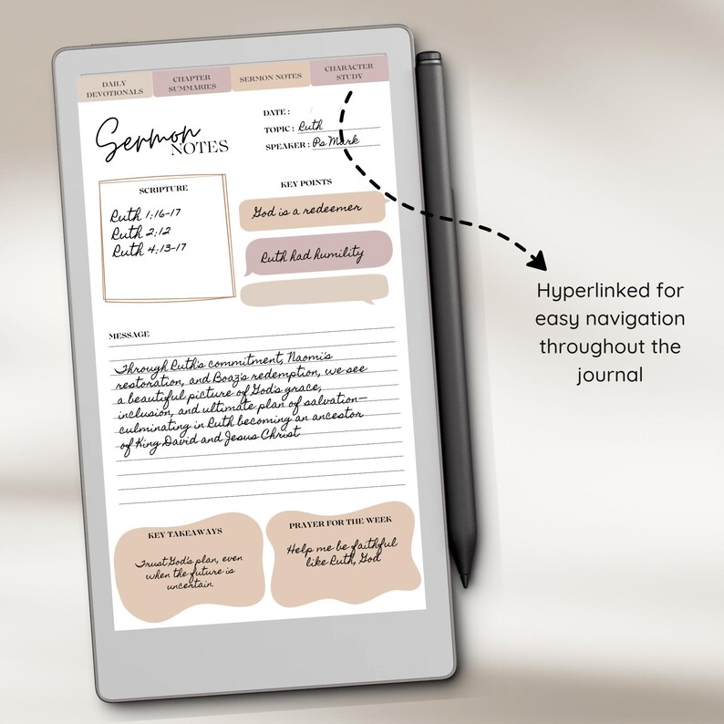 May include: A digital journal displaying sermon notes on a tablet. The journal includes sections for scripture, key points, and a message. A stylus is placed next to the tablet. The text "Sermon Notes" is visible.