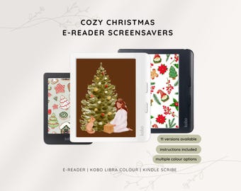 Puede incluir: Tres lectores electrónicos con protectores de pantalla con temática navideña. Los protectores de pantalla presentan un árbol de Navidad decorado, hombres de jengibre y patrones festivos. El texto dice "COZY CHRISTMAS E-READER SCREENSAVERS".