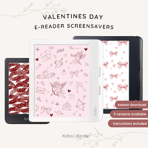 Könnte beinhalten: Drei E-Reader-Bildschirmschoner mit Valentinstag-Motiven. Die Bildschirmschoner zeigen einen rosa Hintergrund mit roten und weißen Herzen, einen Amor mit Pfeil, einen Schwan und ein Champagnerglas. Der Text "XOXO" ist ebenfalls auf dem Bildschirm zu sehen. Die Bildschirmschoner sind für Kobo- und Kindle-E-Reader.
