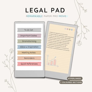 May include: Two digital legal pads with text. One displays a list of categories: To do list, Important Dates, Brainstorming, Ideas & Inspiration, Meeting Notes, Reminders, and Quick References. The other shows a to-do list. The text "LEGAL PAD" is at the top.