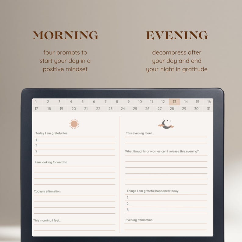 May include: A digital calendar on a laptop screen with a daily gratitude journal for morning and evening. The calendar shows the month of July with a sun icon for the morning and a moon icon for the evening.