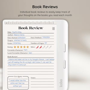 Op de afbeelding: Een witte e-reader met een boekrecensie-sjabloon op het scherm. De recensie is voor het boek "Fourth Wing" van Rebecca Yarros. De recensie bevat de startdatum, de einddatum, het aantal pagina's, de beoordeling, het pittigheidsniveau, het favoriete personage, het minst favoriete personage en een sectie met een boekrecensie. De recensie bevat ook een sectie voor een favoriete quote en notities.